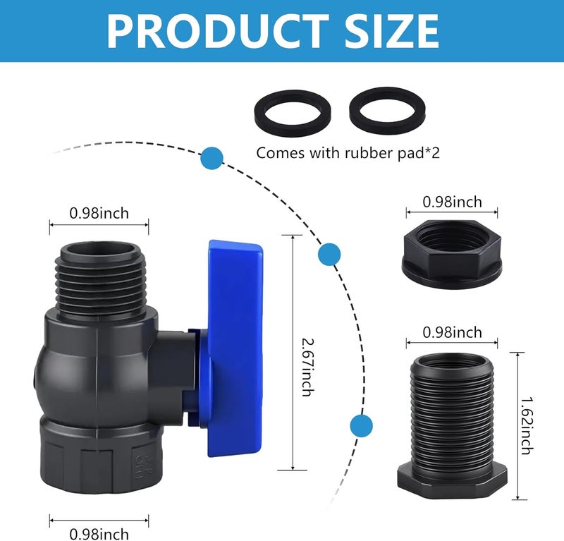 LUOFANT 2 Pack 3/4 Inch Rain Barrel Spigot Kit, PVC Garden Hose Shut Off Valve with Bulkhead Fitting, Rain Barrel Diverter Kit for Water Tanks, Aquariums, Garden Barrel - Image 2